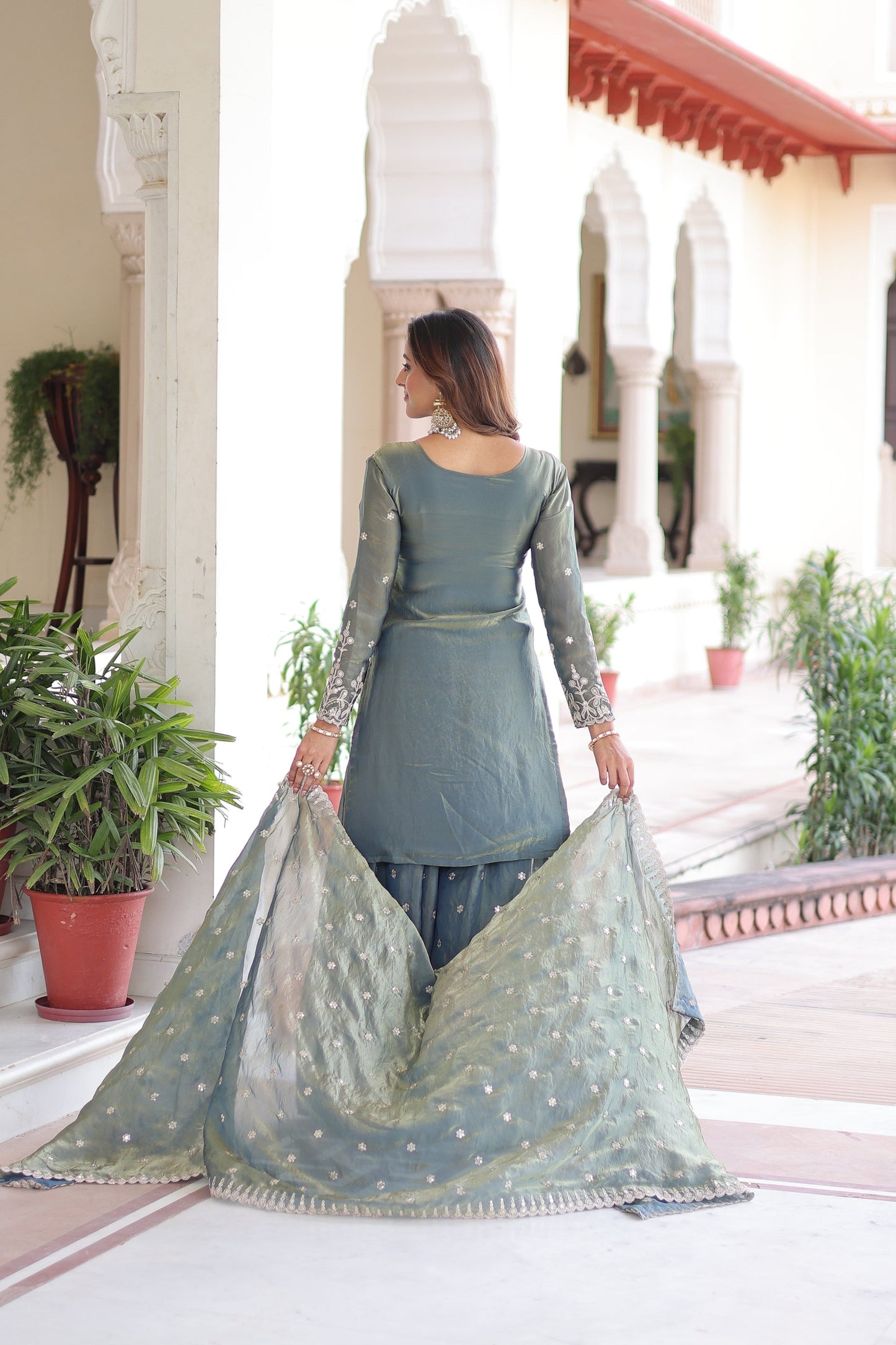 FENDI SILK SEQUINS EMBROIDERED KURTI -SHARARA WITH DUPATTA (TT18)
