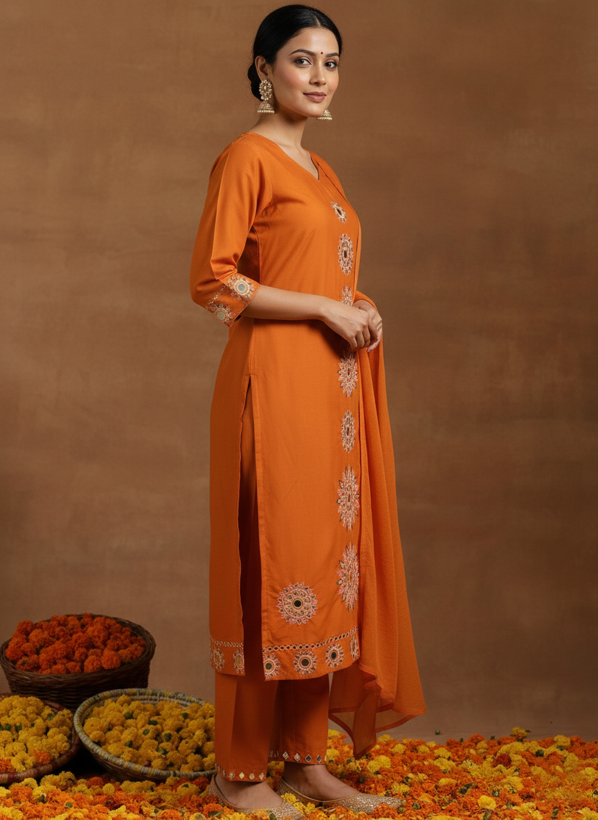 Orange Embroidered Kurta Set with Matching Dupatta for Women (SWDH12)