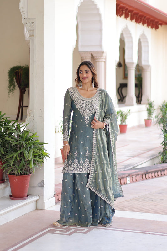 FENDI SILK SEQUINS EMBROIDERED KURTI -SHARARA WITH DUPATTA (TT18)