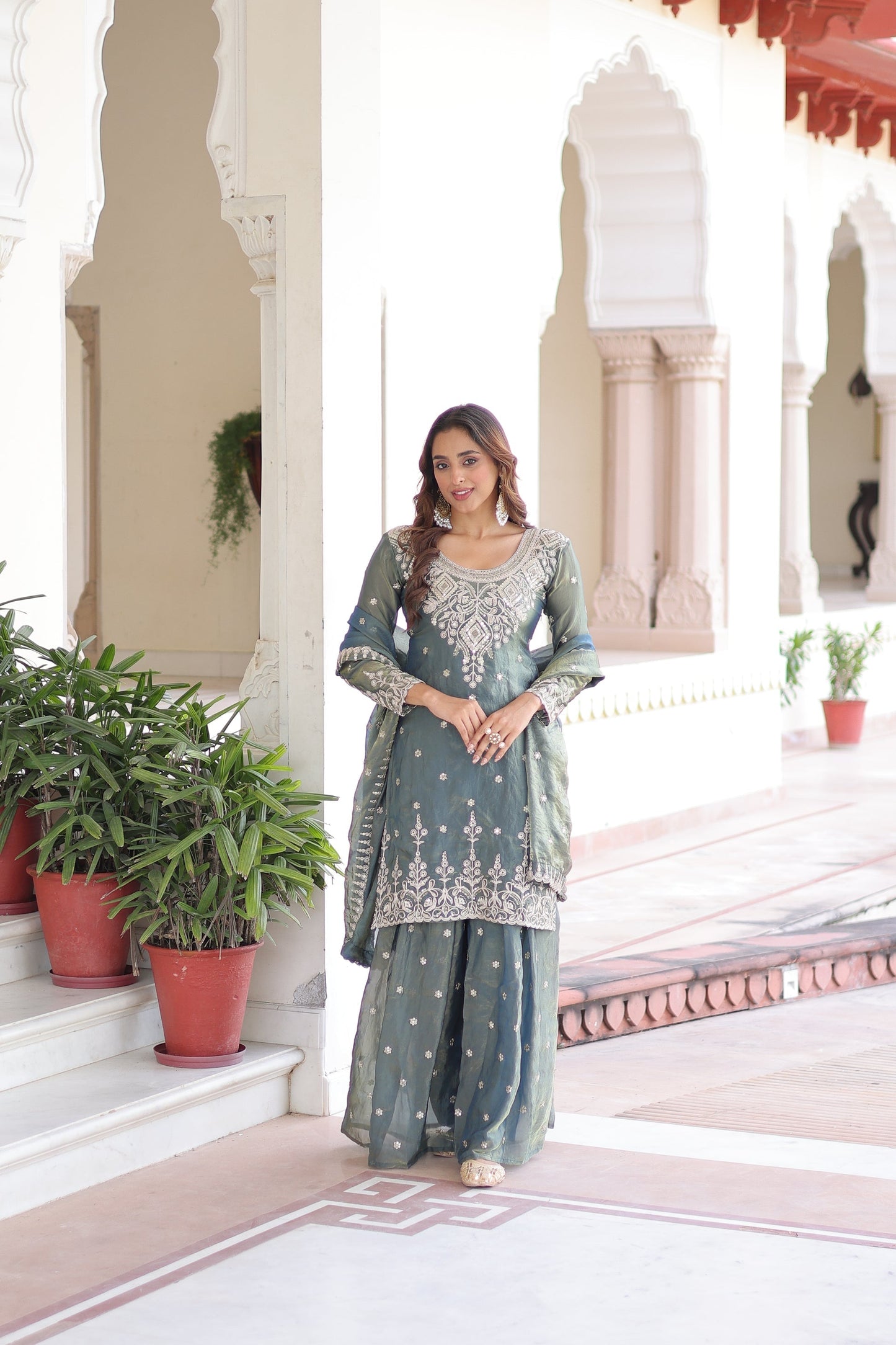 FENDI SILK SEQUINS EMBROIDERED KURTI -SHARARA WITH DUPATTA (TT18)