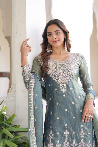 FENDI SILK SEQUINS EMBROIDERED KURTI -SHARARA WITH DUPATTA (TT18)
