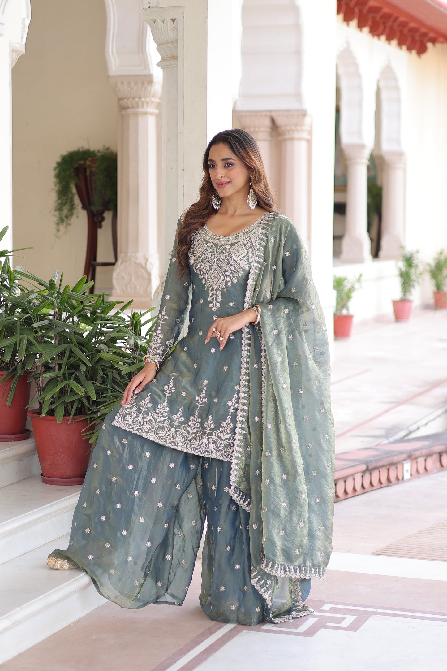 FENDI SILK SEQUINS EMBROIDERED KURTI -SHARARA WITH DUPATTA (TT18)