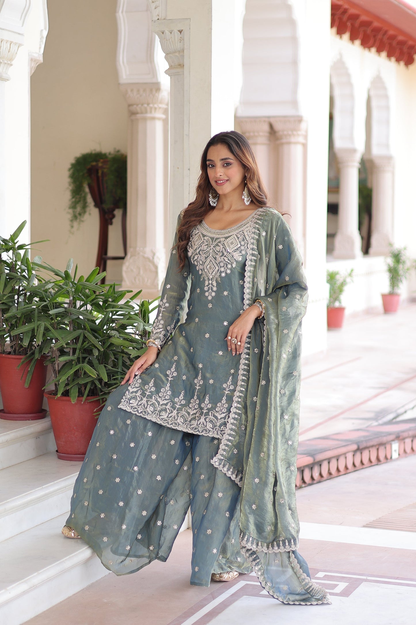 FENDI SILK SEQUINS EMBROIDERED KURTI -SHARARA WITH DUPATTA (TT18)