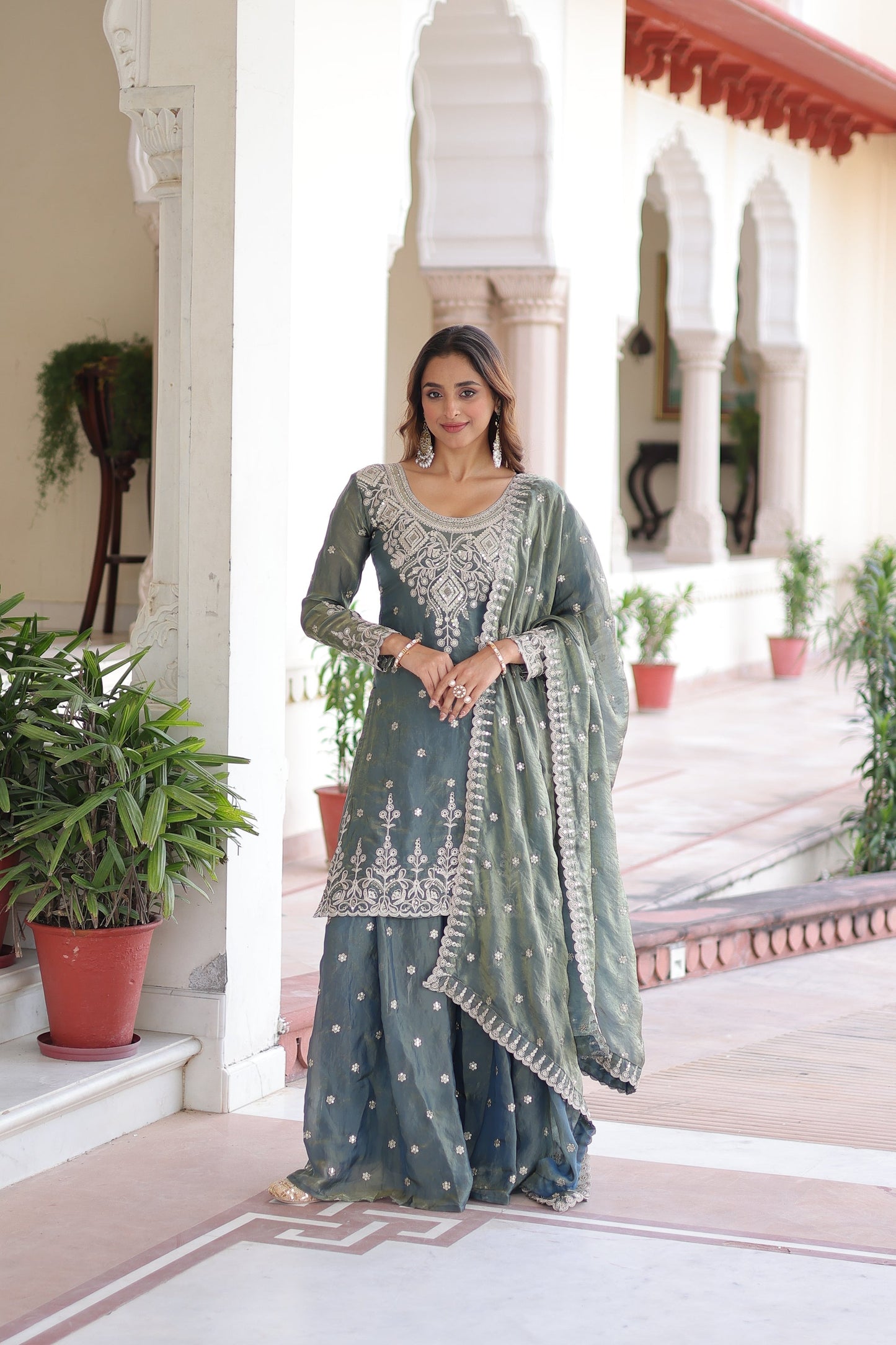 FENDI SILK SEQUINS EMBROIDERED KURTI -SHARARA WITH DUPATTA (TT18)