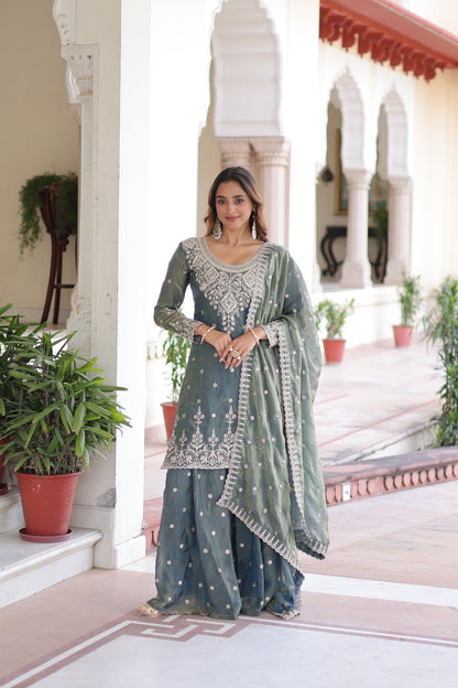 FENDI SILK SEQUINS EMBROIDERED KURTI -SHARARA WITH DUPATTA (TT18)